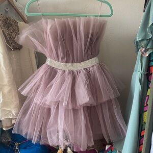 Strapless Mauve Tulle Dress with rhinestone Belt